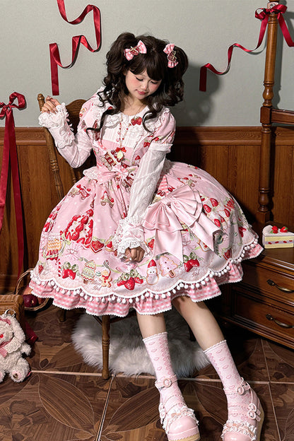 Doll Collar Short Sleeve Print Ruffle Bowknot Sweet Lolita Dress with Strawberry Dessert - 4 Colors