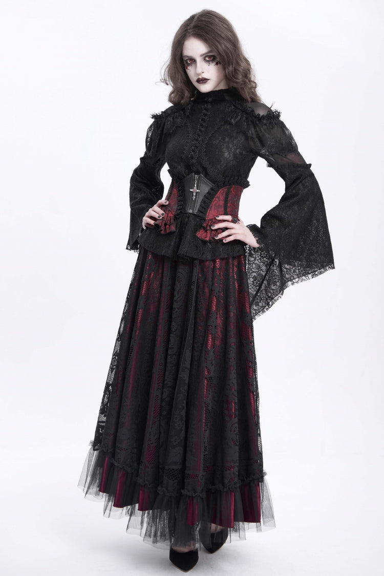 Crimson & Charcoal Spliced Lace Laced Slim Zippered Goth Palace Corset