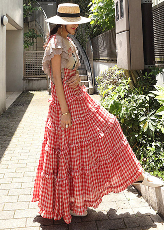 neck Plaid Sleeveless Button Stylish Dresses Layered Red Slash