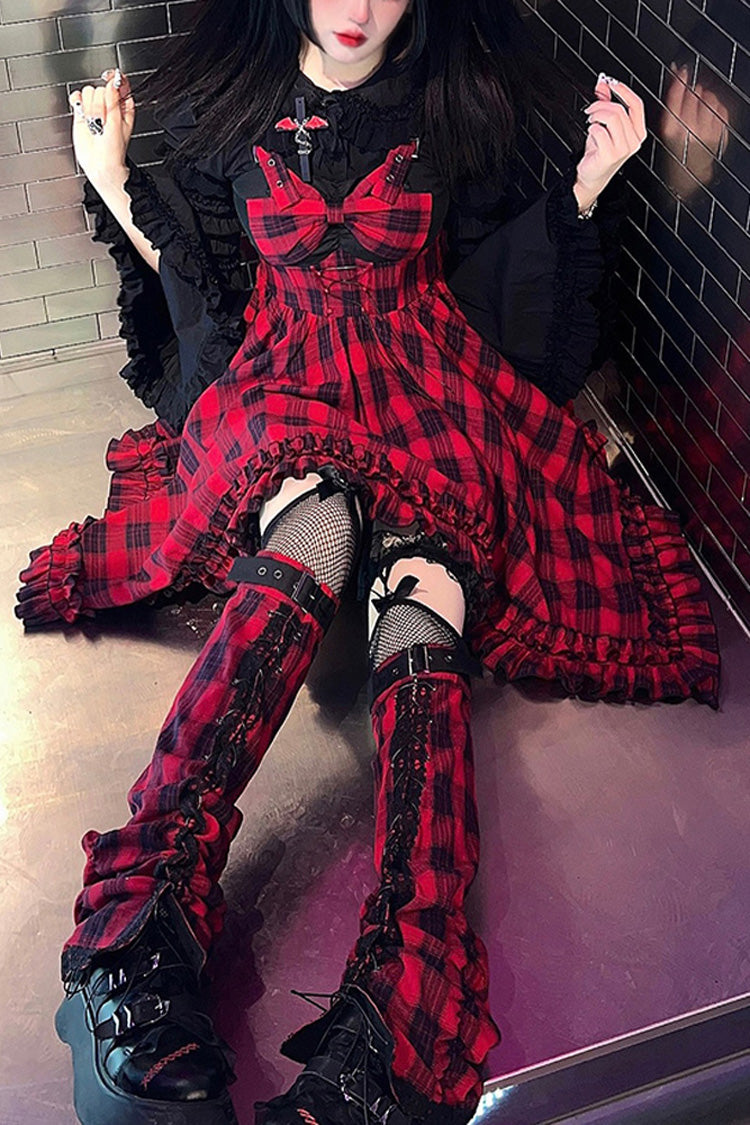Crimson Gothic Lolita JSK Dress with Irregular Plaid Print
