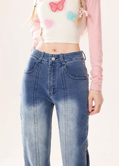 Butterfly Embroidered Style Bottoms Blue Flare Denim Patchwork