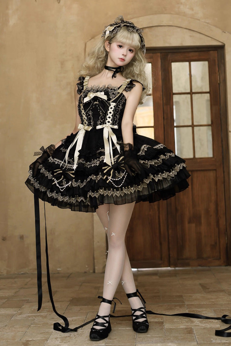 Ebony Sleeveless Tiered Foil-Stamped Bow Lace Sweet JSK - Gilded Memories