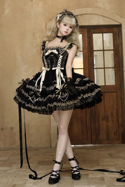 Ebony Sleeveless Tiered Foil-Stamped Bow Lace Sweet JSK - Gilded Memories