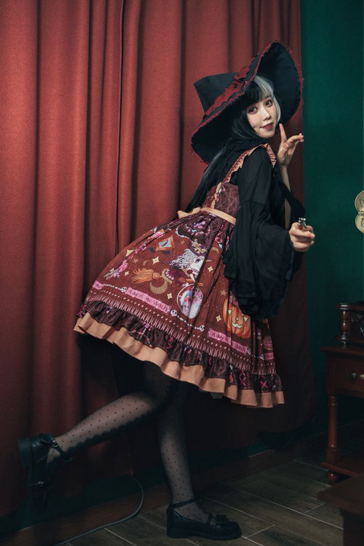 Little Witch Print Ruffle Bow Elegant Lolita Jumper Dress