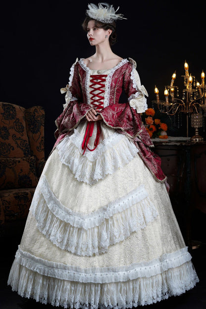 Victorian Palace Dress with Hime Sleeves and Lace-Up Front in Wine/Ivory - NostalgicElegance