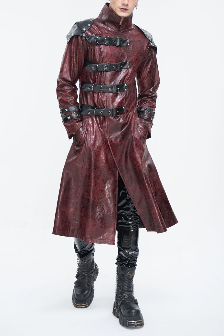 Crimson High-Neck Punk Leather-Look Long Coat with Multiple Buckles
