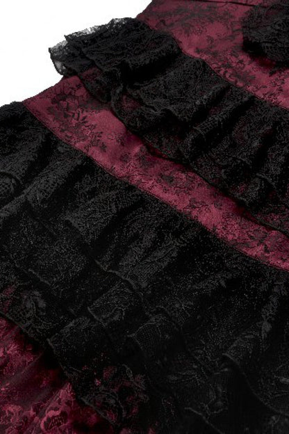 Crimson & Charcoal Rose Layered Tulle Ruffled Goth Evening Gown