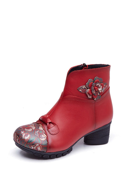 Women Ethnic Autumn Flower Spliced Leather Mid-Heel Boots AI1019