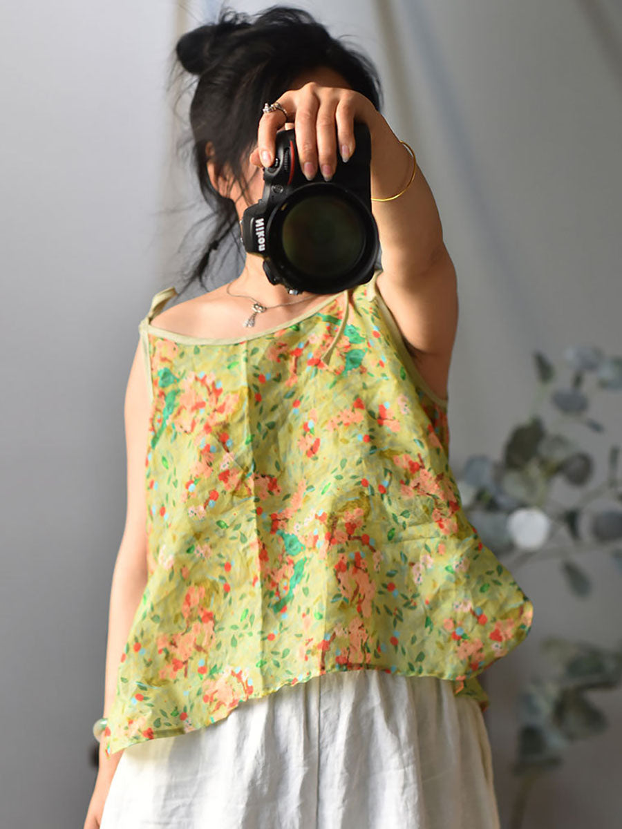 Women Prairie Chic Floral Drawstring Ramie Vest HH001