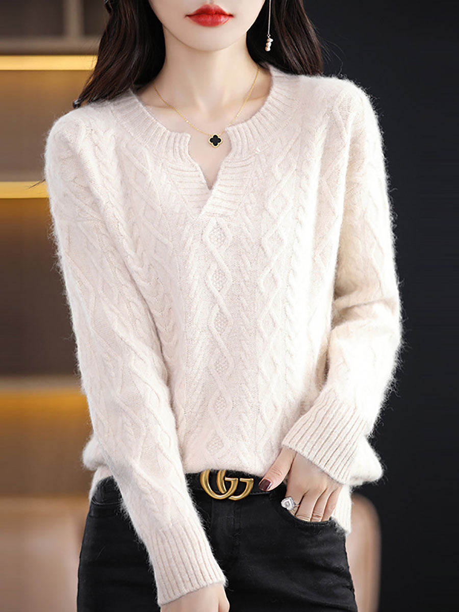 Women Autumn V-Neck Wool Twist Knit Sweater AX1030