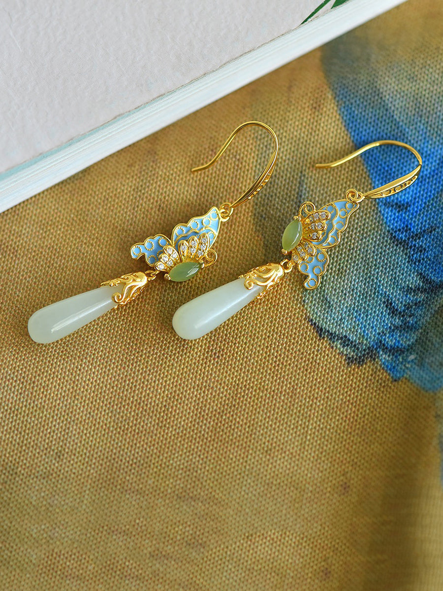 Butterfly Ethnic Enamel Earrings Women Jade S925Silver