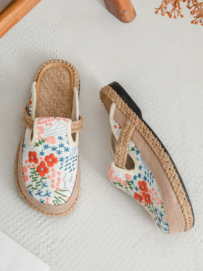 Cotton Ethnic Flower Embroidery Women Slippers Summer