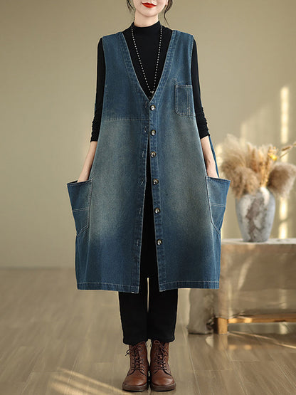 Women Casual Summer Spliced V-Neck Button-up Denim Vest Coat AT1007