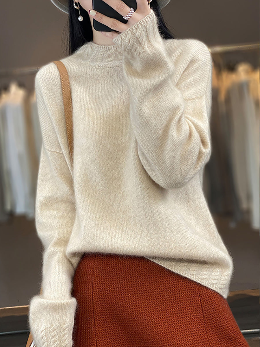 Women Autumn Half-Turtleneck Knit 100%Wool Sweater QU010