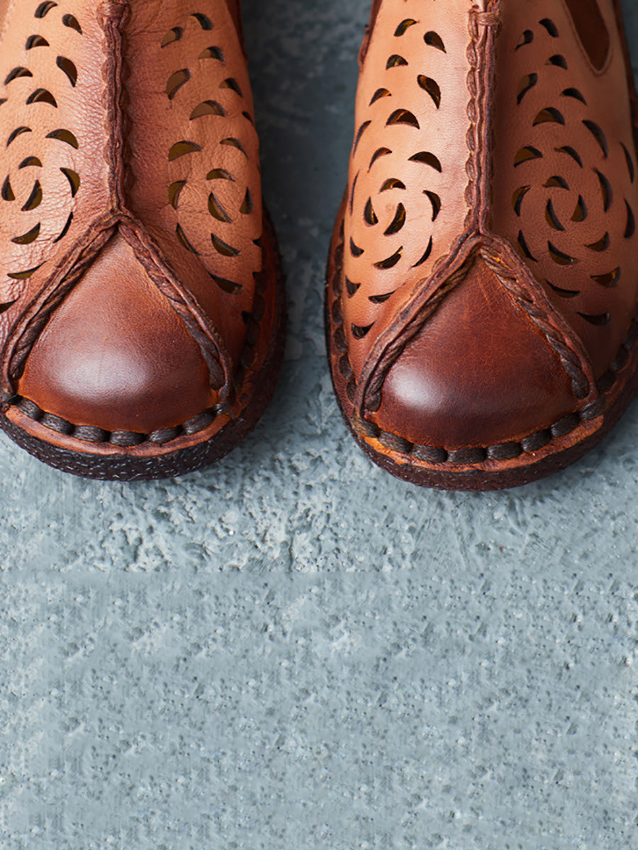 Chaussures d'été en cuir véritable pour femmes, découpées et épissées, LL003