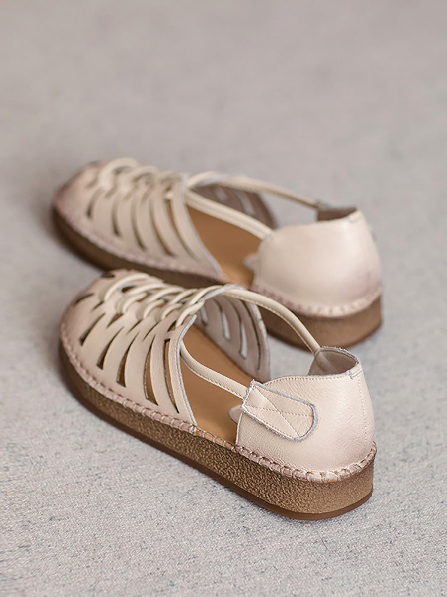 Leather Sandals Heel Low Women Weave Summer