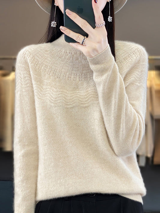 Women Autumn Cable Knit 100%Wool Half Turtleneck Sweater QN031