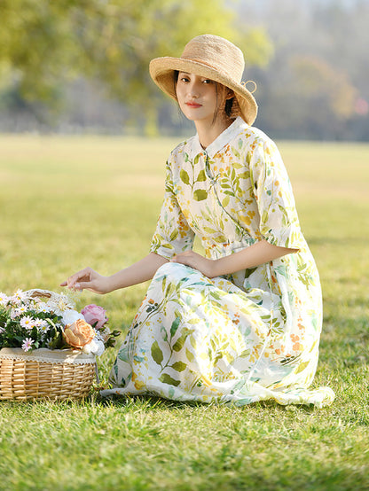 Robe d'été en ramie à bretelles et imprimé végétal artistique pour femmes CC032