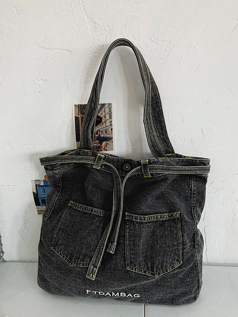 Women Vintage Solid Pocket Denim Handbag Shoulder Bag ZZ1008