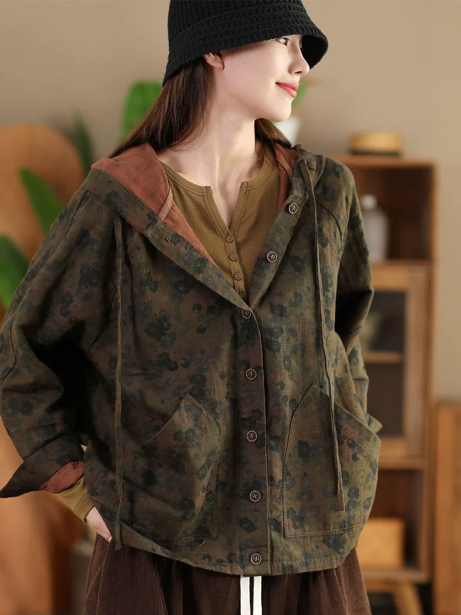 Women Vintage Autumn Flower Button Cotton Linen Hooded Coat AH1013