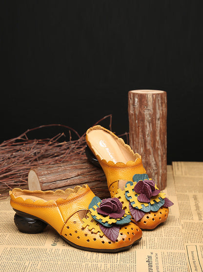 Women Summer Ethnic Leather Flower Spliced Low Heel Sandals FD014