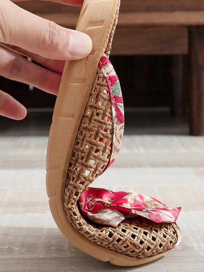 Bowknot Ethnic Weave Women Indoor Slippers Straw Flower