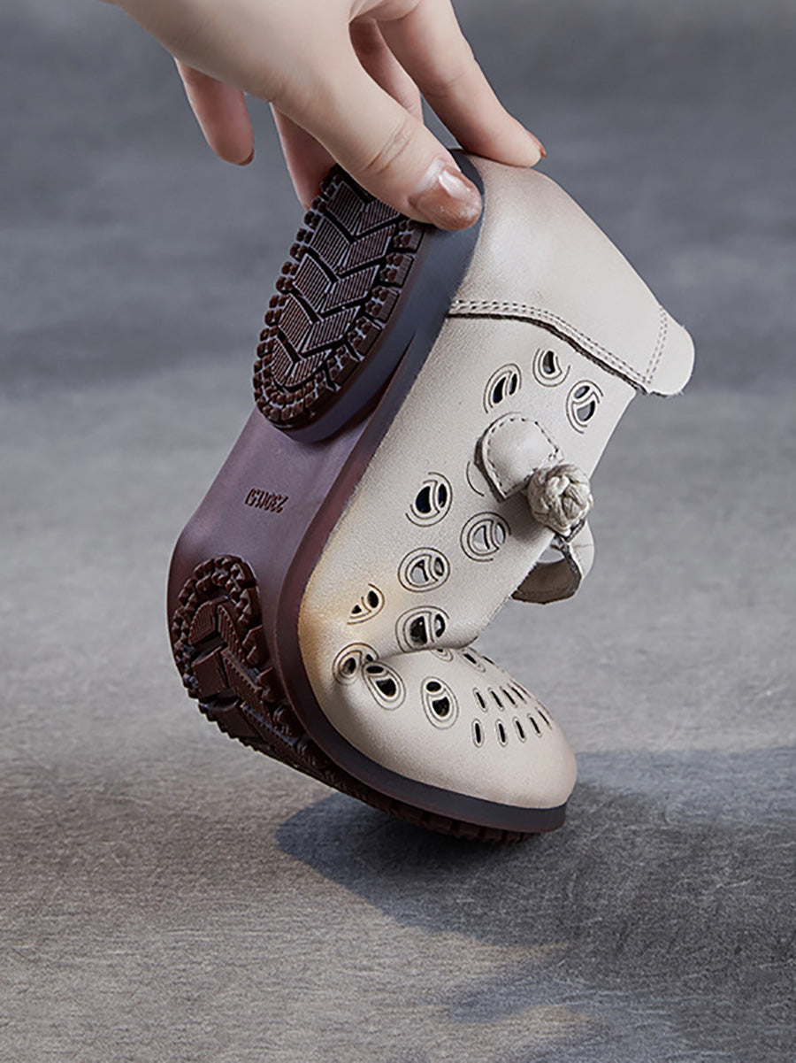 Genuine Shoes Women Summer Hollow Out Heel Low Leather