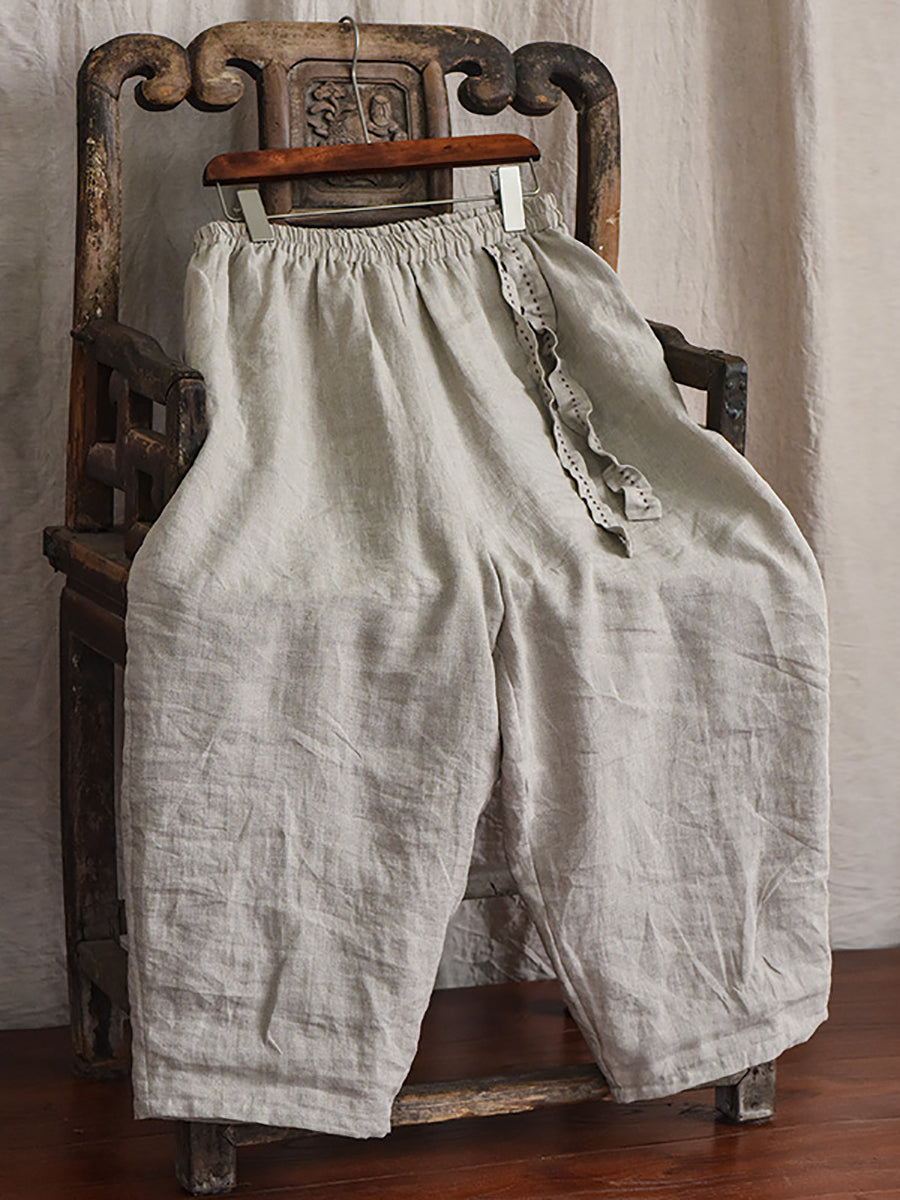 Women Casual Solid Drawstring Loose Linen Turnip Pants CX045