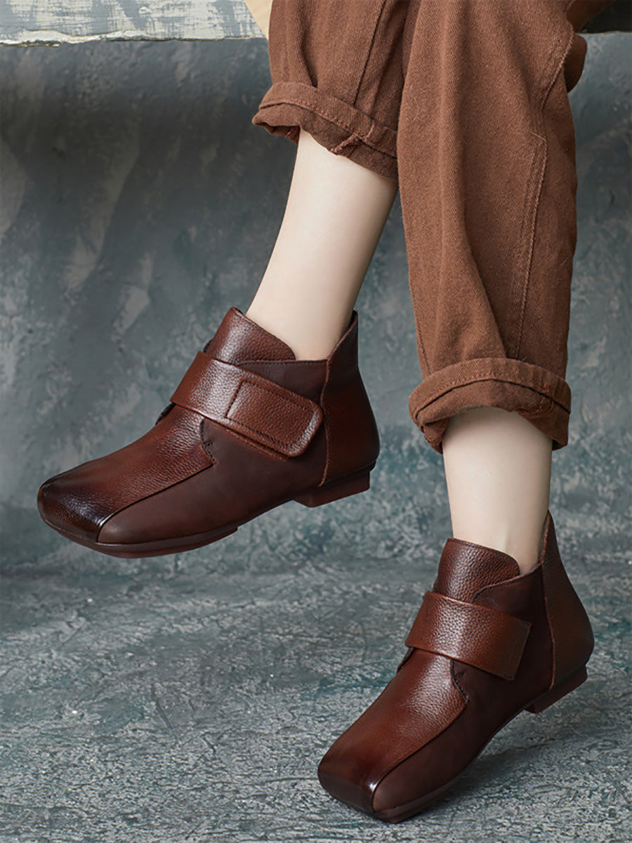 Women Artsy Leather Spliced Square Collar Ankle Boots BA1033