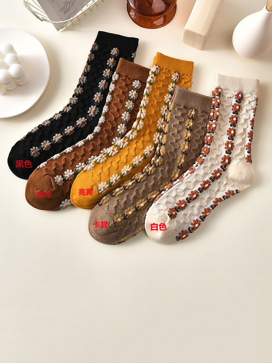 5 Pairs Women Autumn Artsy Flower Jacquard Socks RR013