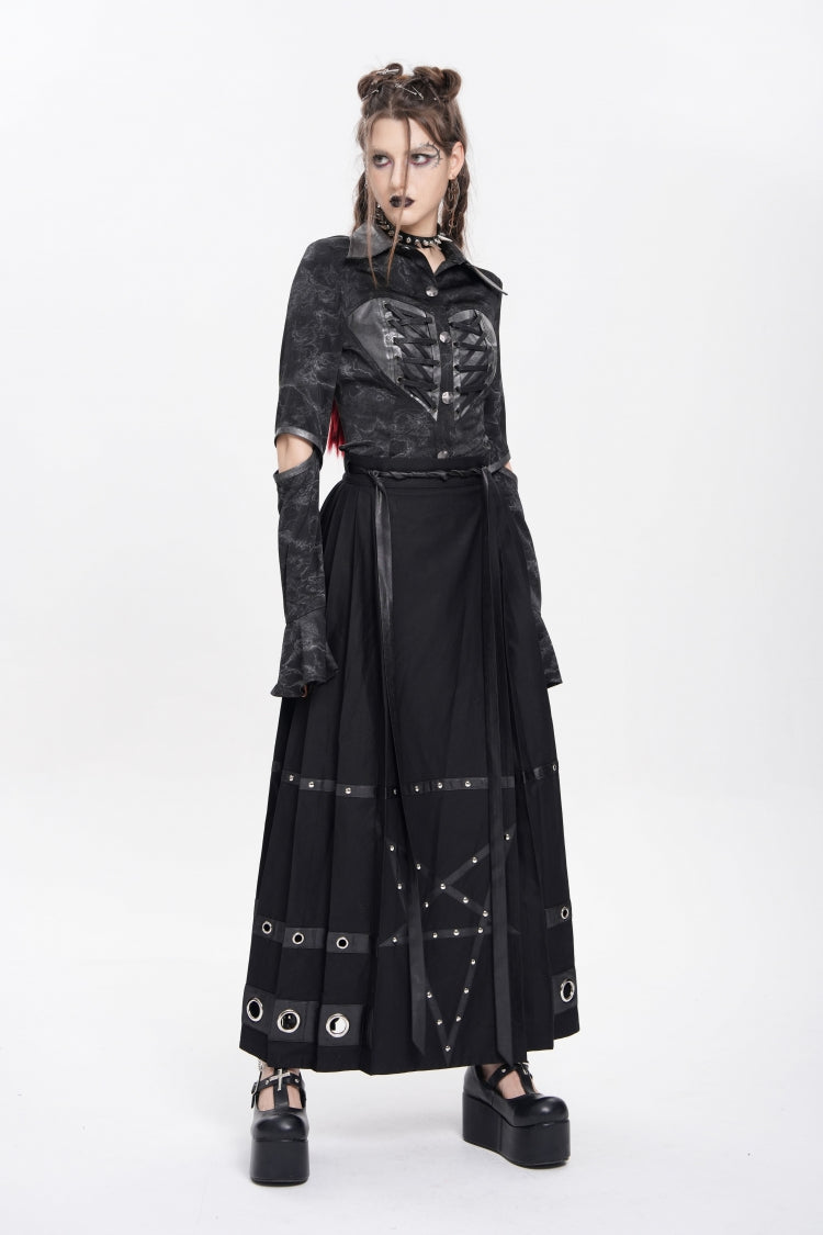 Women's Punk Skirt with Eyelets, Rivets and Pentacle Horse-Face Motif
