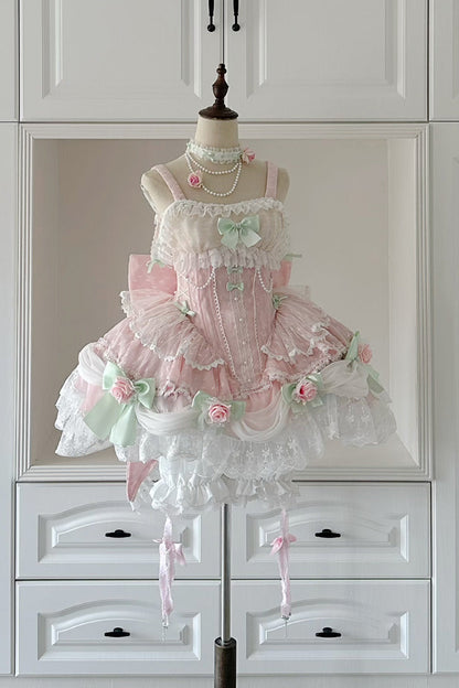 Blush Sleeveless Embroidered Bow Lace Pearl JSK with Ruffles - Honey Rose