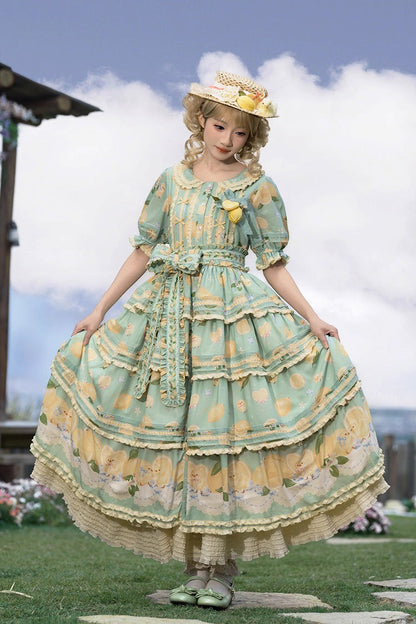 Emerald Lemon Chicken Triple-Layer Ruffle Bow Lace Gorgeous Dress