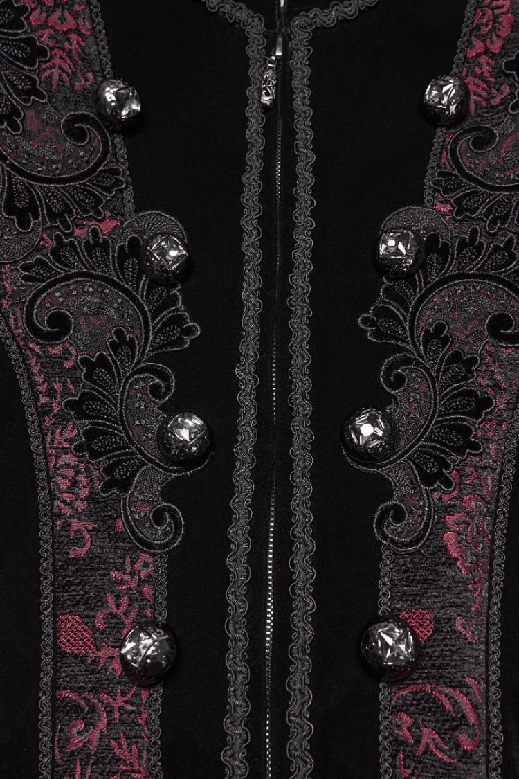 Crimson & Obsidian Stand Collar Long Sleeves Floral Jacquard Double-Breasted Zipper Gothic Coat