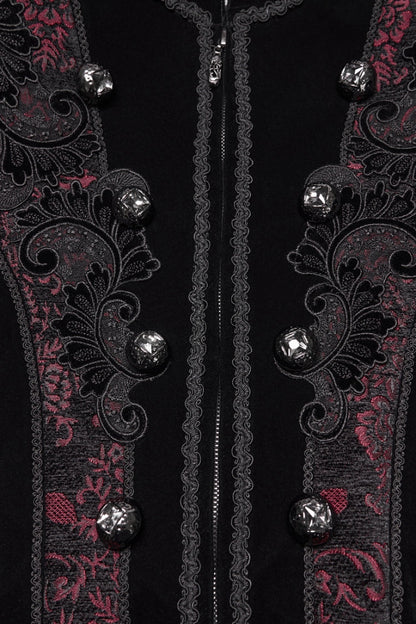 Crimson & Obsidian Stand Collar Long Sleeves Floral Jacquard Double-Breasted Zipper Gothic Coat