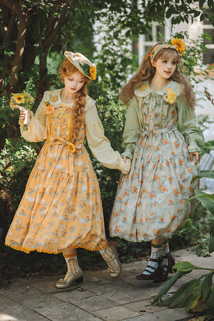 Emerald Sleeveless Sunflower Ruffle Bow Sweet Lolita Jumper Dress