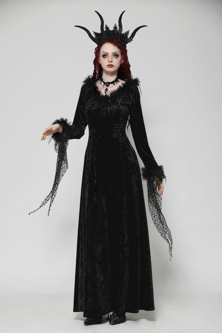 Ebony Long-Sleeve Velvet Lace Gothic Maxi Wedding Gown