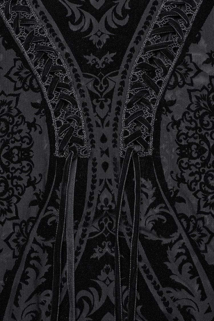 Sheer Mesh Lace-Up Embroidered Gothic Skirt for Women in Black