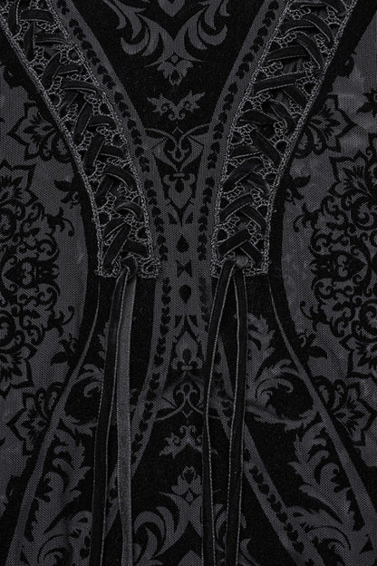 Sheer Mesh Lace-Up Embroidered Gothic Skirt for Women in Black