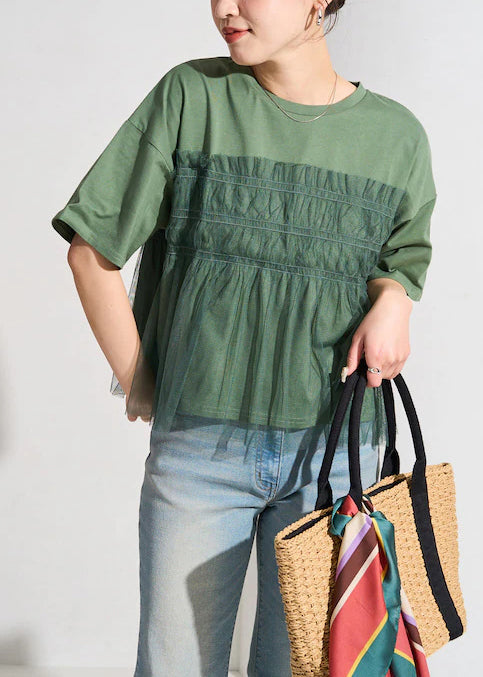 Fine Patchwork Green Tulle Oversized Tanks Summer