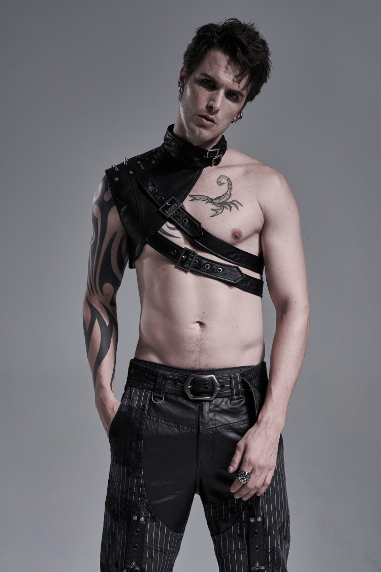 Men's Black Gothic Shoulder Harness, Asymmetric with Studs and Chains