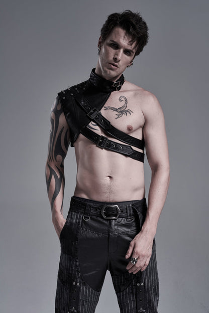Men's Black Gothic Shoulder Harness, Asymmetric with Studs and Chains