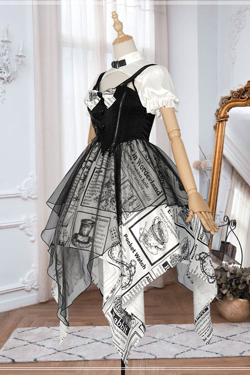 Classic Lolita Dress with Vintage Print, Irregular Hem and Faux Two-Piece Look