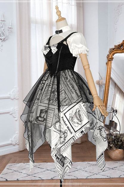 Classic Lolita Dress with Vintage Print, Irregular Hem and Faux Two-Piece Look
