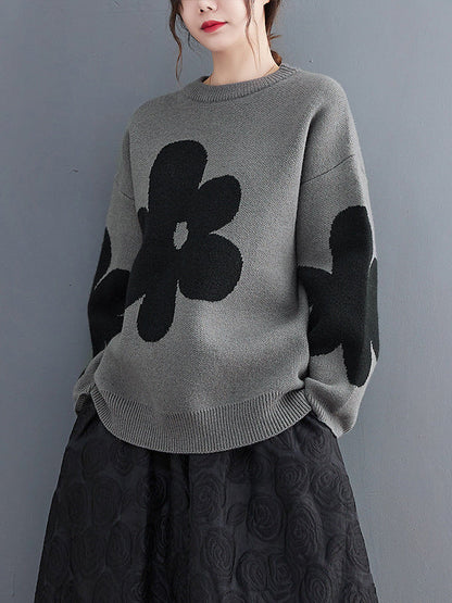 Cute Loose Black Round-Neck Contrast Color Flower Long Sleeve Sweater AN1070