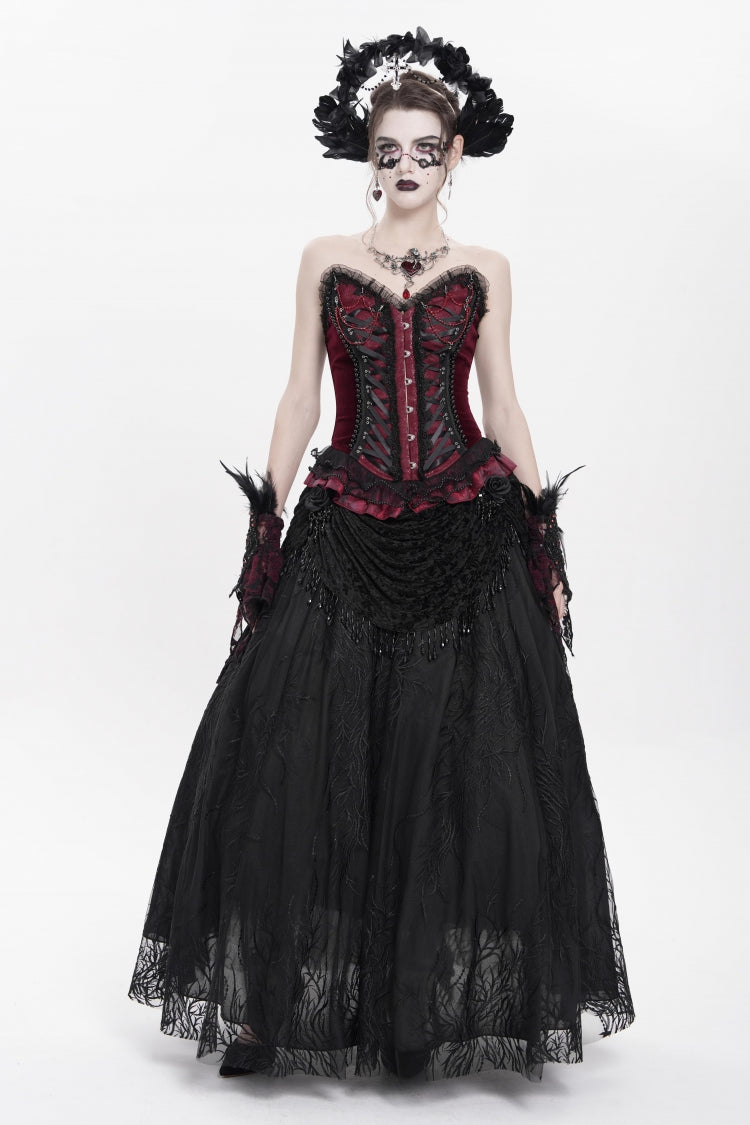 Crimson Gothic Overbust Corset with Beaded Lace and Lace-Up Back