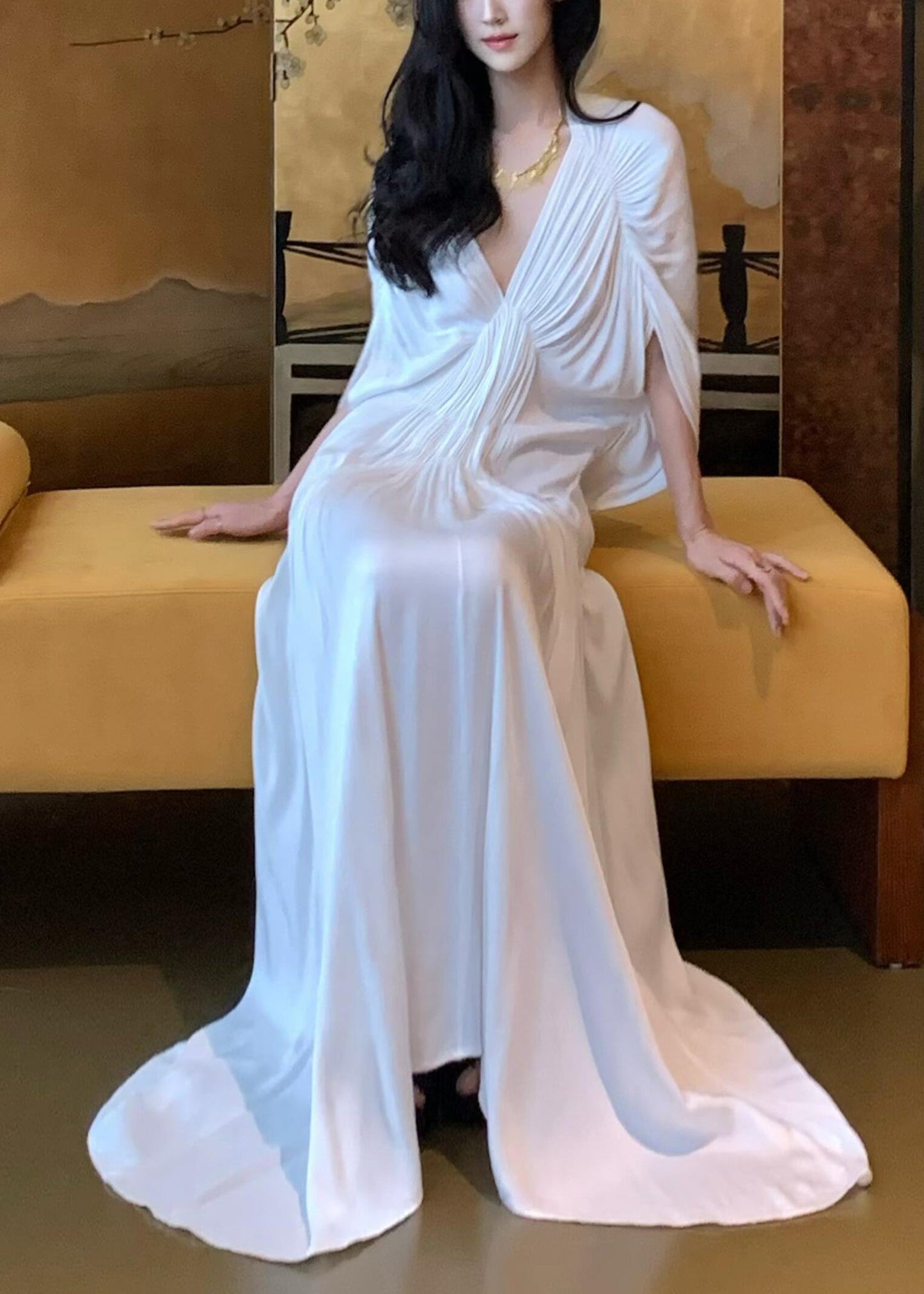 Dresses Neck White Wrinkled Sleeve Batwing Solid Women V