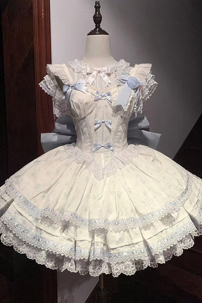 First Love Rose Print Ruffle Bow Lace Sweet Lolita JSK Set