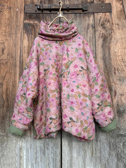 Damen Vintage Herbst Floral Rollkragen Ramie Gepolsterter Mantel QM029