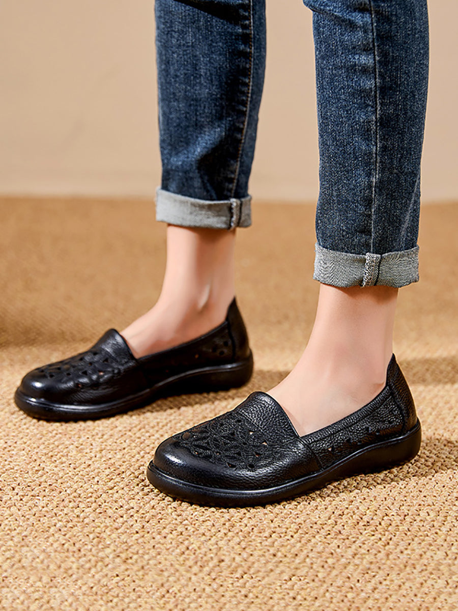 Leather Mid Shoes Flower Summer Women Soft Heel